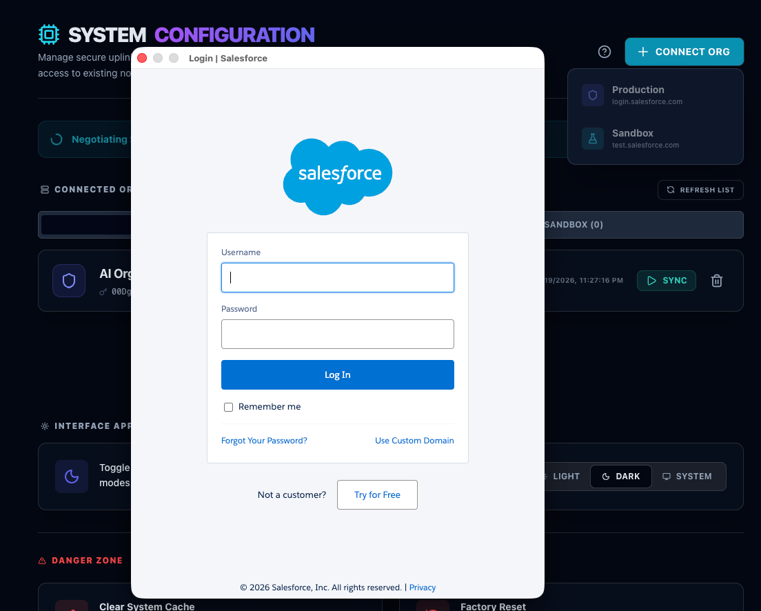Connecting a new Salesforce Org